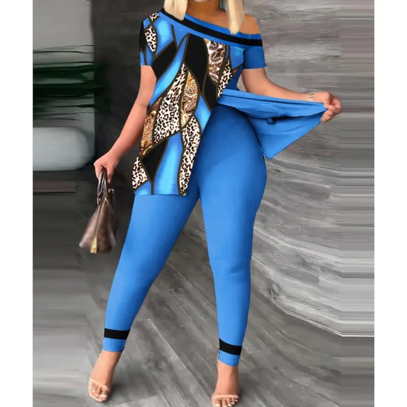 

Women's Casual Printing Short Sleeve Top and High Waist Slim Fit Pants, Oblique Collar, Split Loose Top, Summer Fashion, 2 Piece