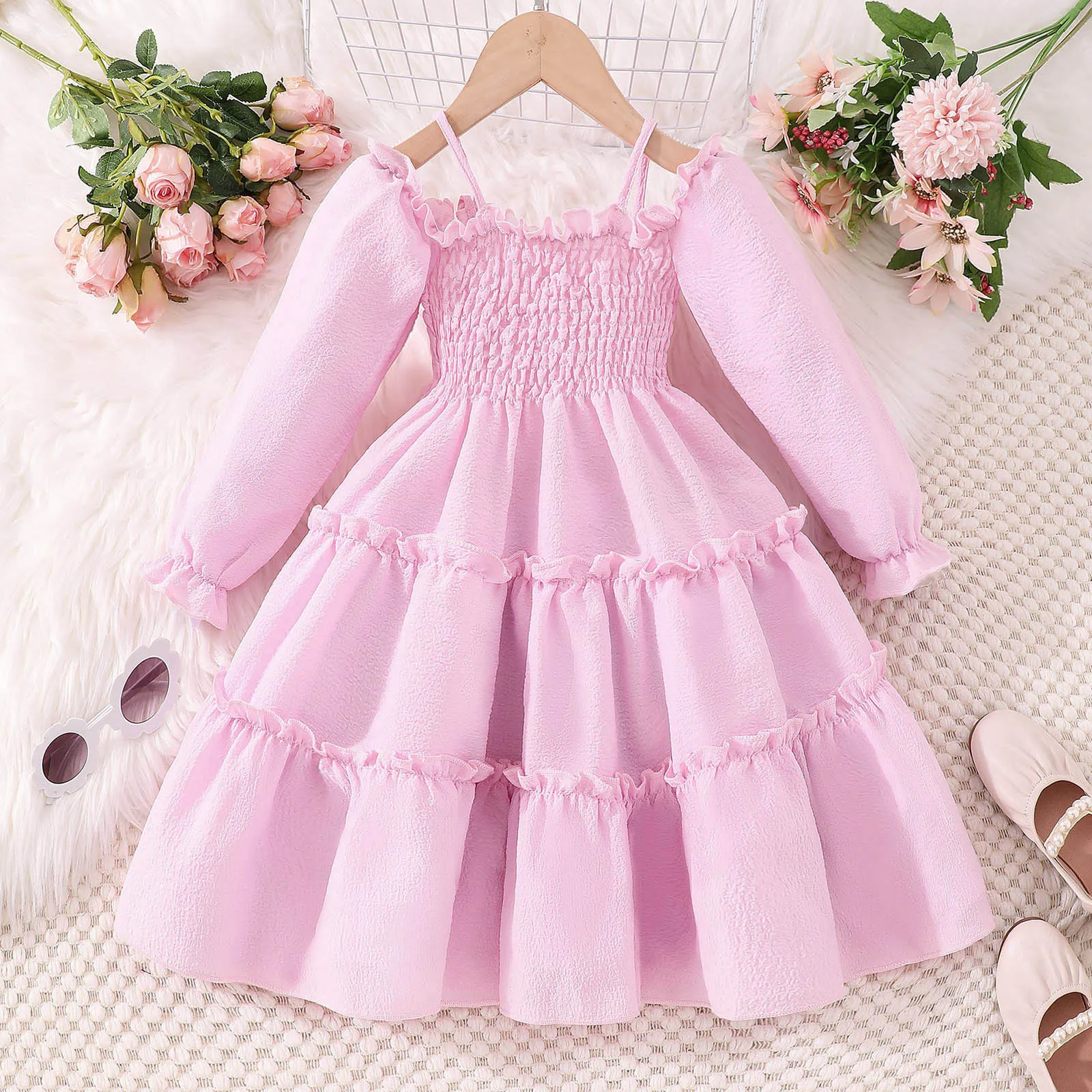 

Toddler Girls Shirred Puff Long Sleeve Frill Trim Flowers Pattern Party Dress For Girls 2 to 7 Years Kids Spring Autumn Clothes