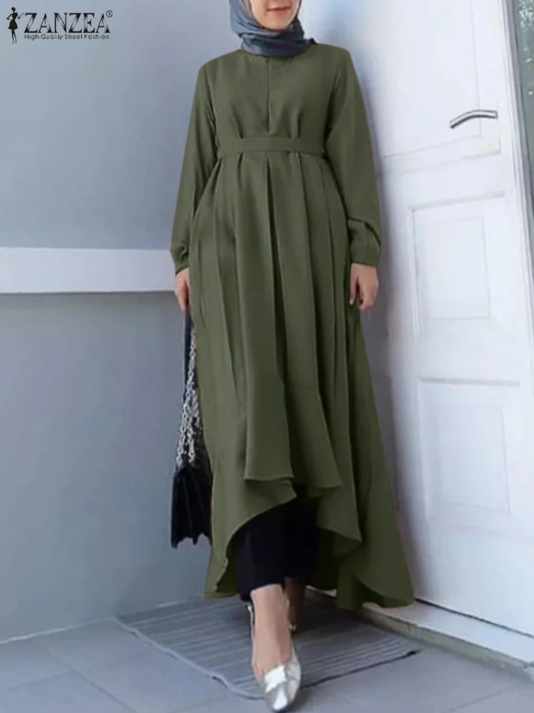 Женское асимметричное платье с круглым вырезом ZANZEA, весеннее однотонное платье-миди с длинным рукавом и круглым вырезом в турецком мусульм...