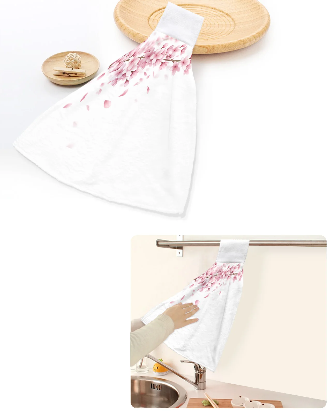 

Pink Flower Cherry Blossoms White Hand Towels Home Kitchen Bathroom Hanging Dishcloths Loops Soft Absorbent Custom Wipe Towel