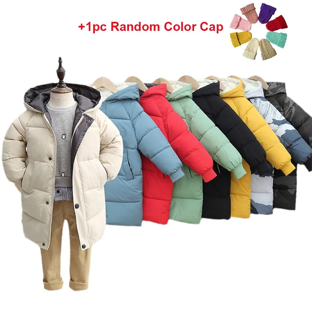 

Winter Toddler Kids Long Coat Fashion Solid Boys Girls Cotton Down Thick Hooded Jackets Children Outerwear Snowsuit Teen Clothes