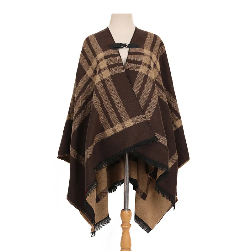 Autumn Winter New Style Split Plaid Knitting Tassel Women Fashion Street Poncho Lady Capes Coffee Cloaks