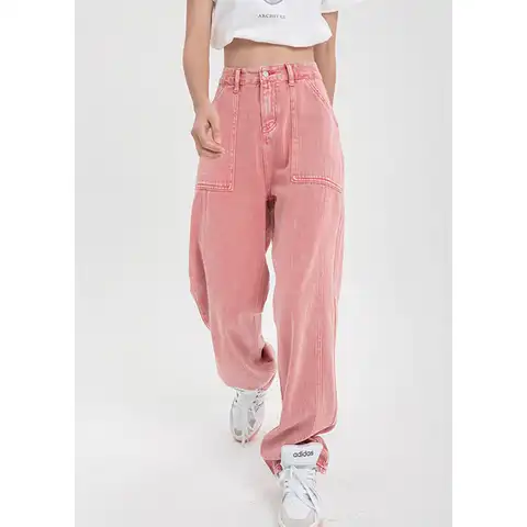 Pink Woman's Jeans High Waist 2022 Summer Wide Leg Denim Trouser Baggy Streetwear Chic Design Ladies Vintage Straight Jean Pants