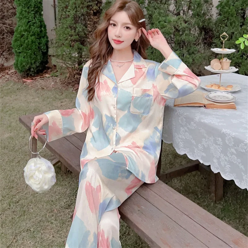 2023 Spring and Autumn New Pajamas Women's Artificial Silk Fashion Printed Long-Sleeved Trousers Cardigan Homewear Suit
