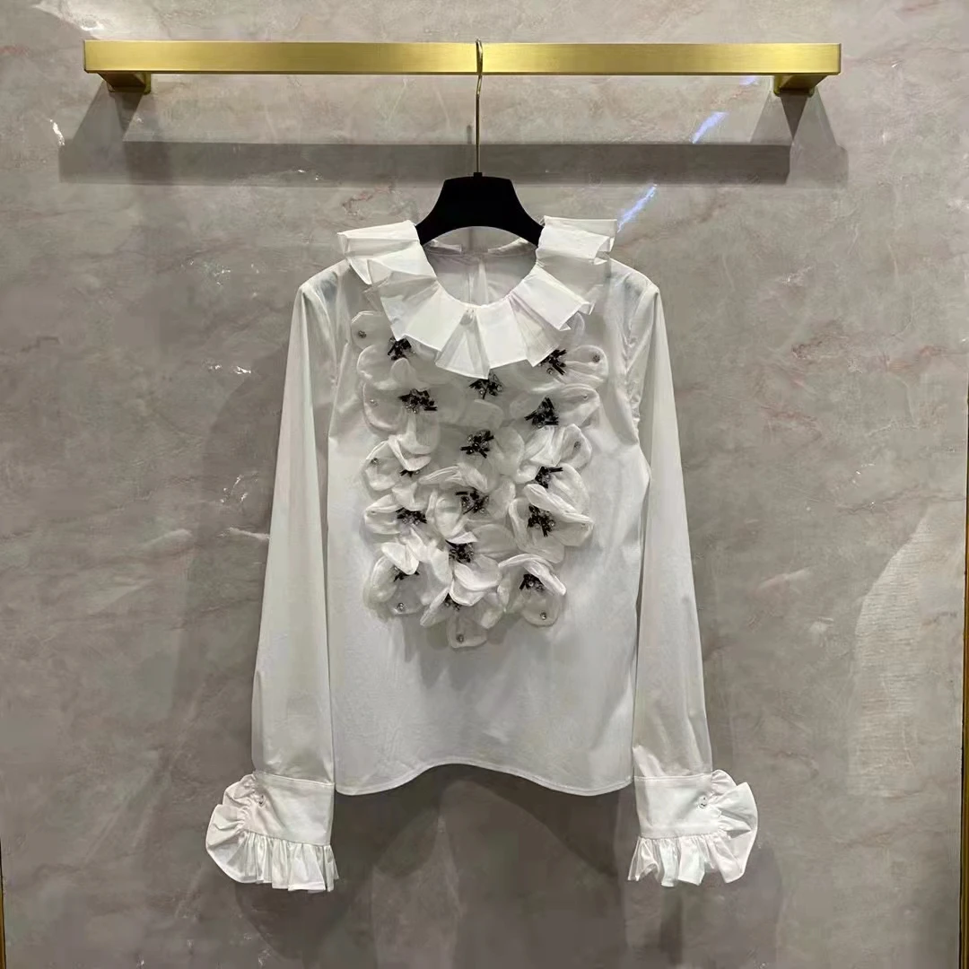 

European and American women's wear spring 2022 new Long sleeve petal collar disc flower nail bead Fashionable white shirt