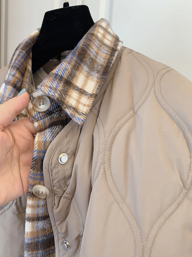 Women's Winter Jacket Fashion Parkas Lapel Oversize Vintage Clothes White Loose Warm Plaid Top Casual Quilted Coats Female