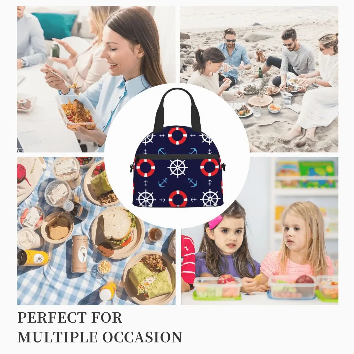 Nautical Sailors Pattern Lunch Bag with Handle Anchor Print Food Cooler Bag Reusable Cooling Beach Thermal Bag images - 6
