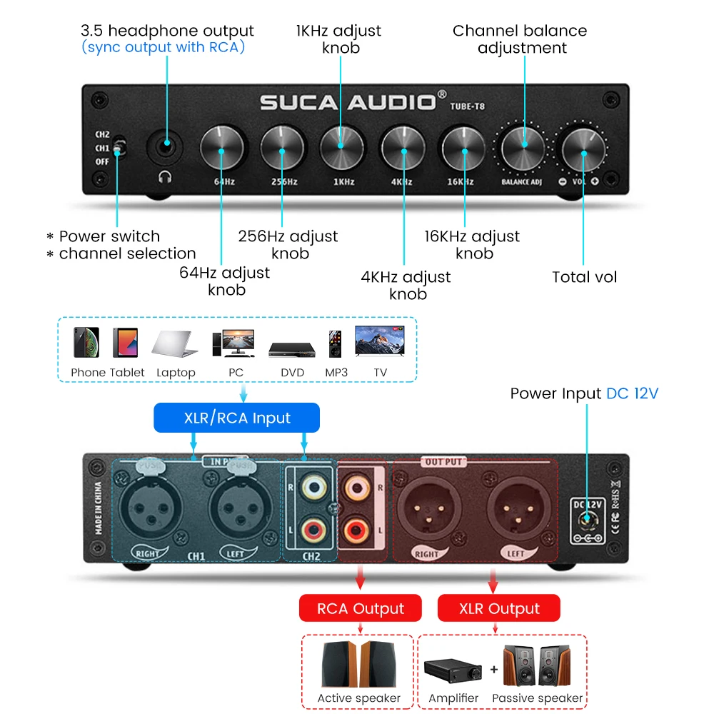 Ламповый предусилитель SUCA AUDIO TUBE-T8 6N3 EQ FM для наушников сбалансированный выход