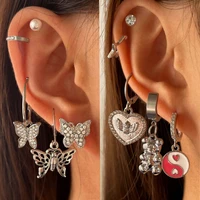 flatfoosie trendy crystal butterfly drop earrings set for women stainless steel bear heart earrings zircon ear cuff jewelry gift