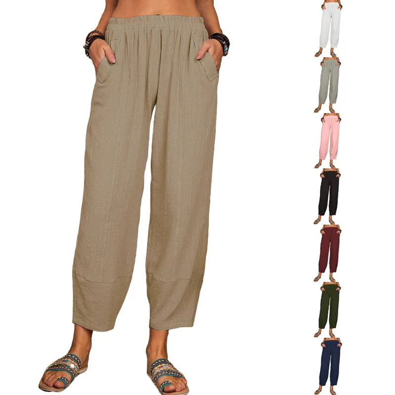 2022 summer new European and American pure color loose cotton casual pants home Harun pants women