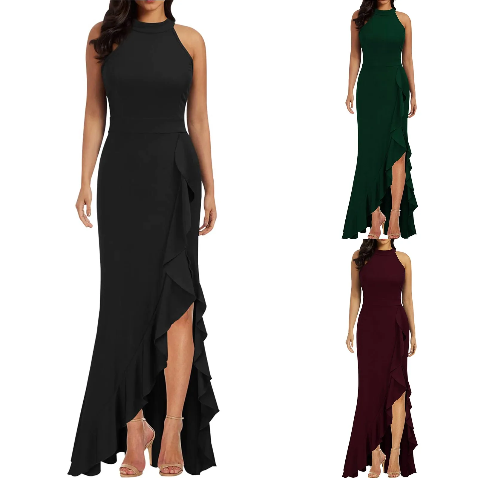 

Women's Cocktail Midi Dress Sleeveless Ruffle Wrap Pleated Trim Slim Formal Wedding Guest Gown Womens Cocktail Dresses Petite