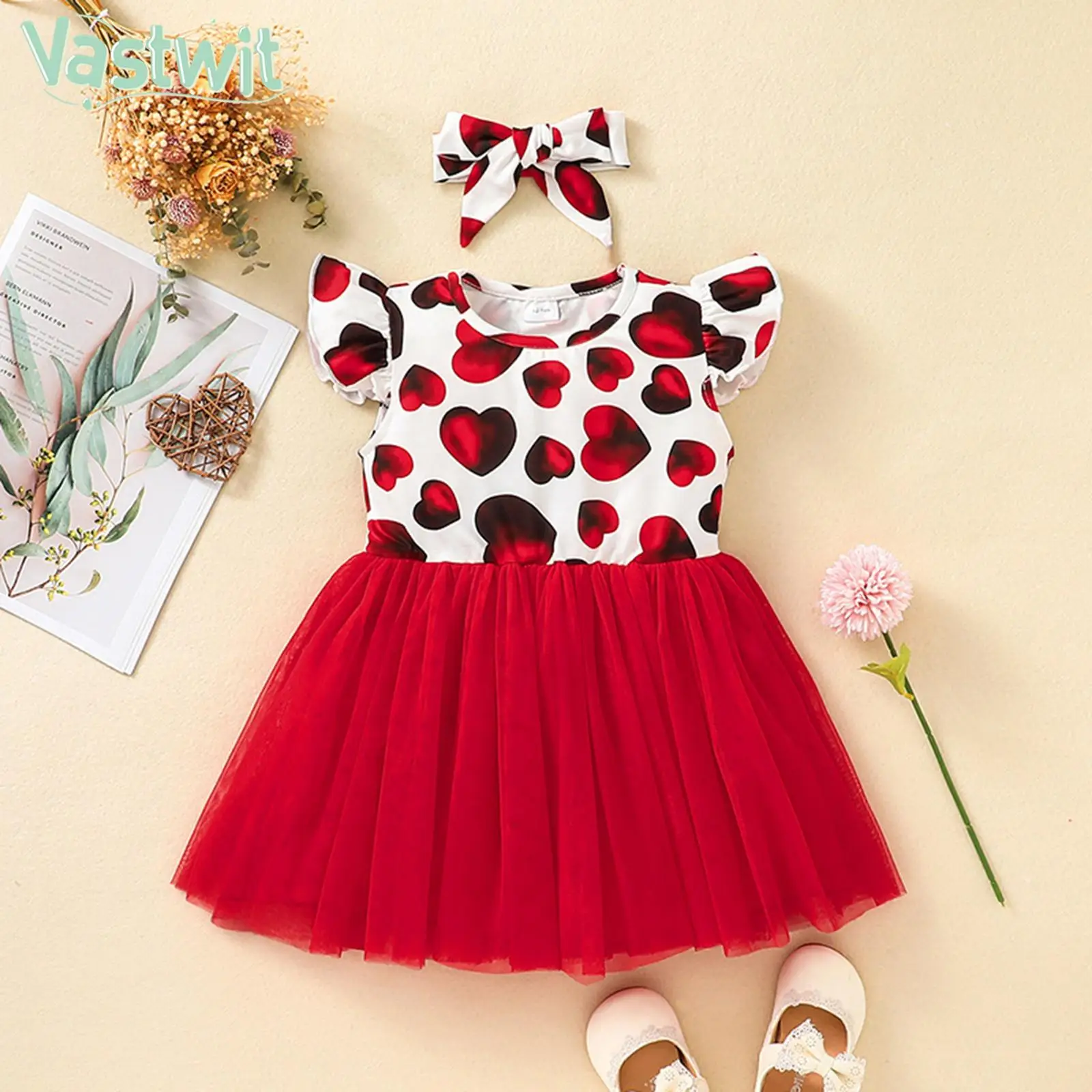 

Платье принцессы с юбкой-пачкой, милое Тюлевое Платье с принтом сердец, с повязкой на голову, для фотосъемки на День святого Валентина, День ...