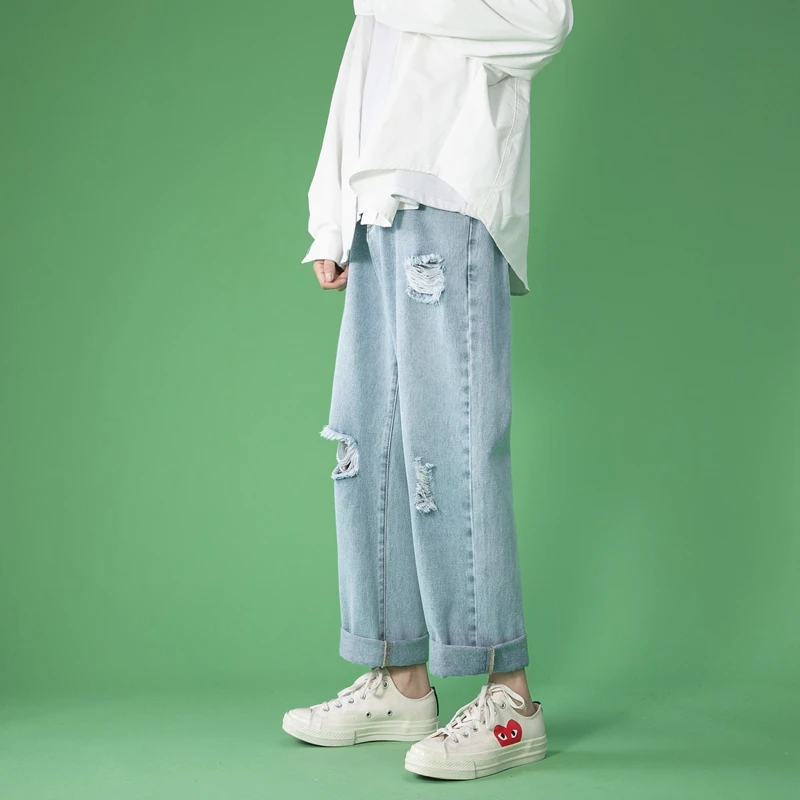 2022 Spring and Summer New Washed Denim Trousers Men's Ripped Fashion Simple Trendy Casual Slim Trousers Men