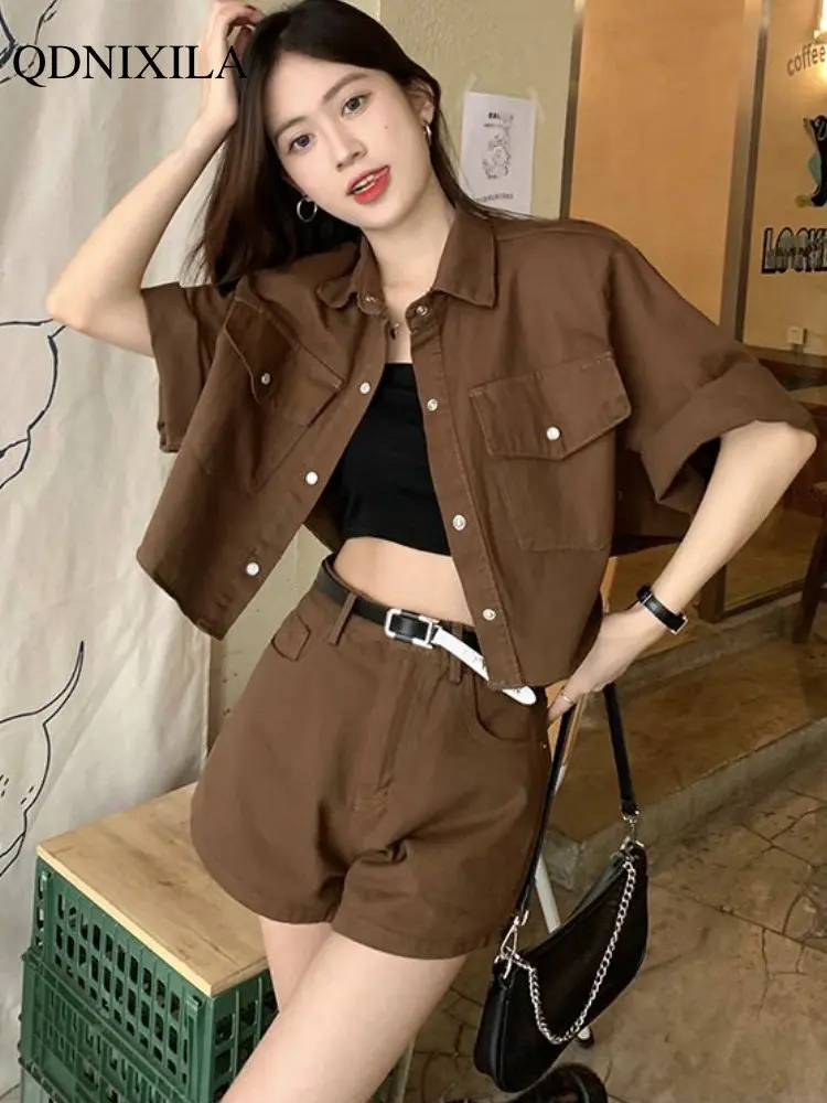 

Summer Cargo Women's Shorts Sets Korean Fashion Elegant New In Matching Sets Vintage Casual Short Top 2 Piece Set Women Outfit
