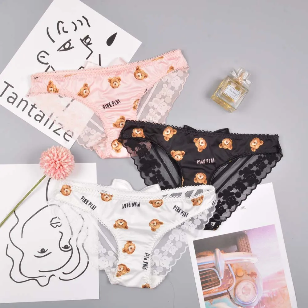 

Women Sexy Bear Panties Low Waist Lace Ruffled Kawaii Cute Bear Print Lingerie Panties Female Lady Underwear