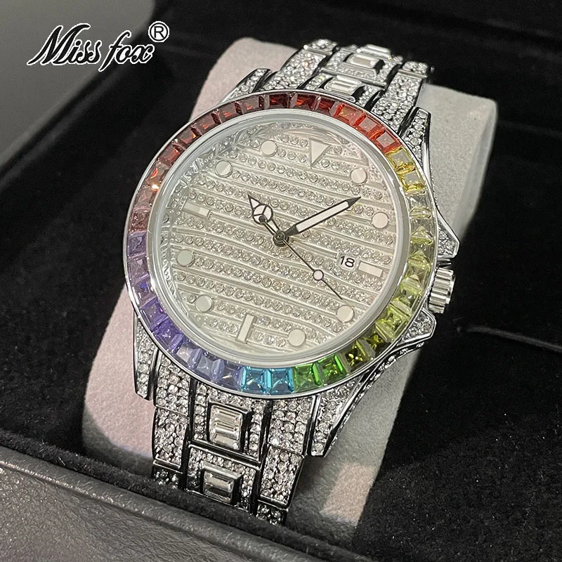 

Luxury Brand MISSFOX Sliver HipHop Fashion Watch For Men Calendar Waterproof Wristwatch Rainbow Diamond Jewelry Clock Montre Hot