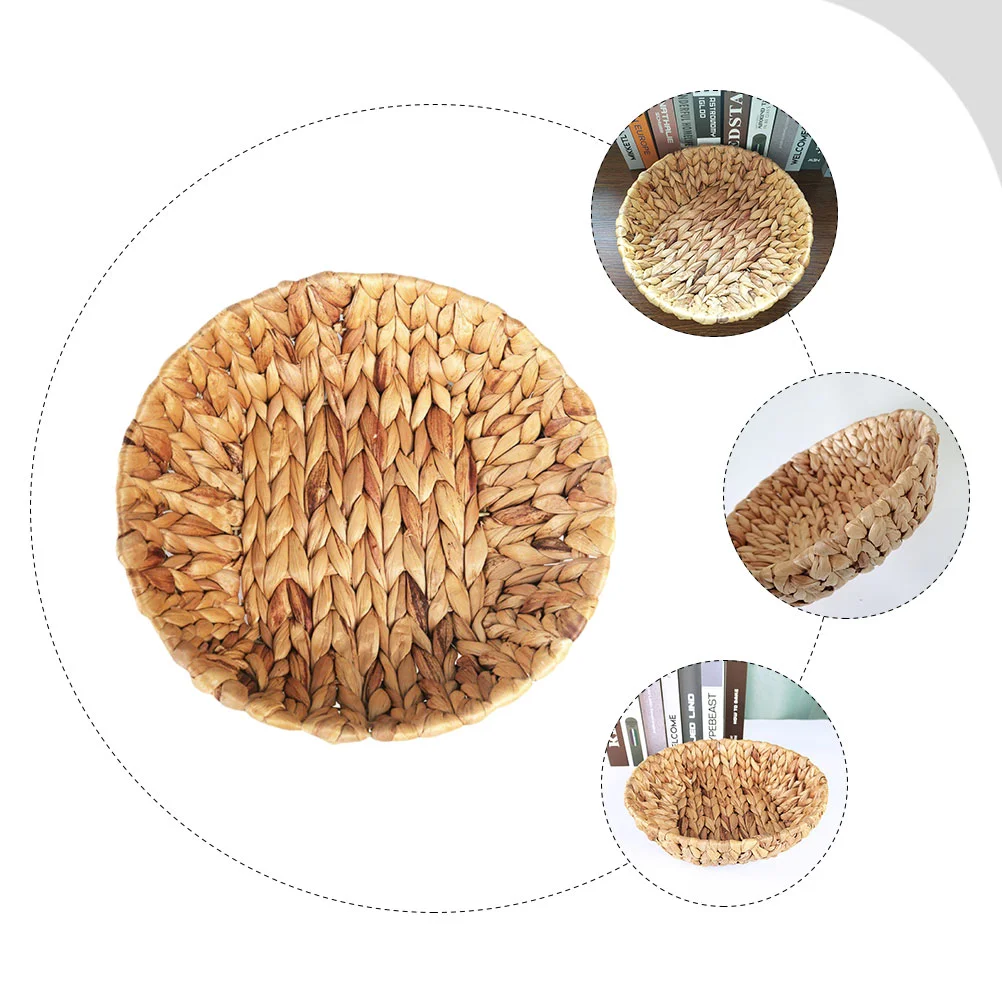 

Straw Storage Basket Round Tray Picnic Container Serving Sundries Food Bread Holder Snack
