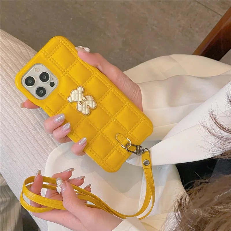 

Fashion Creative Checkered With Lanyard Bear Female Hard Case For Iphone 11 12 13 Pro Max Half Surrounded Leather Cover Fundas