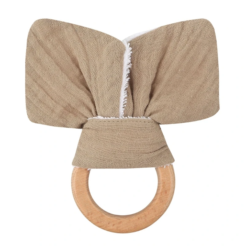 

Soft Cotton Rabbit Ears Teething Chewing Appease Toy Baby Natural Wooden Teether Ring BPA Free Wood Pain Relief Teether