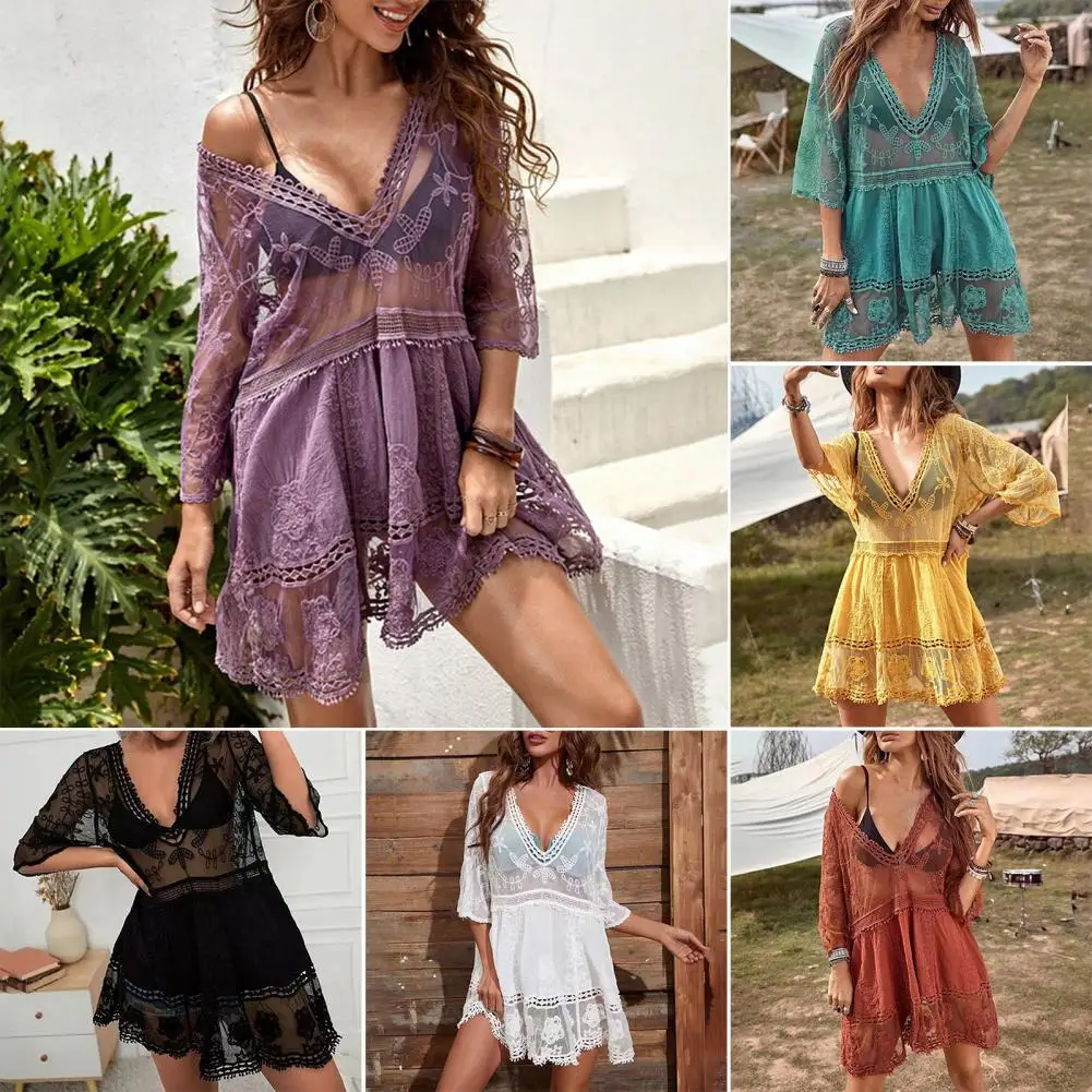 

Popular Bikini Tunic Lace Breathable Beachwear Pure Color Sun Protection Bikini Tunic
