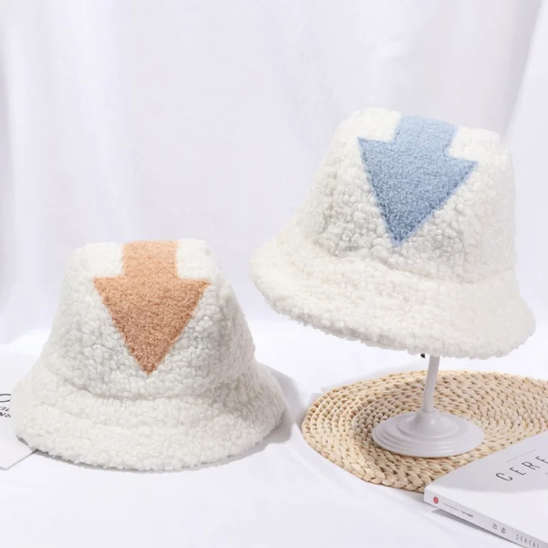 Women Appa Bucket Hat Lamb Wool Hat Winter Warm Fishing Caps Faux Fur Arrow Symbol Printed Bucket Hat for Men Tide Flat Top Hats