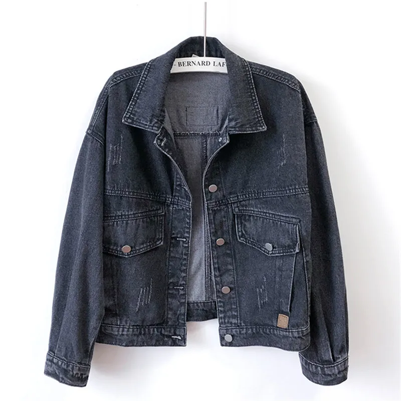

Spring Big Pocket Frayed Denim Jacket Coat Women Loose Short Wash Black Blue Cowboy Outerwear Long Sleeve Jeans Jackets Female