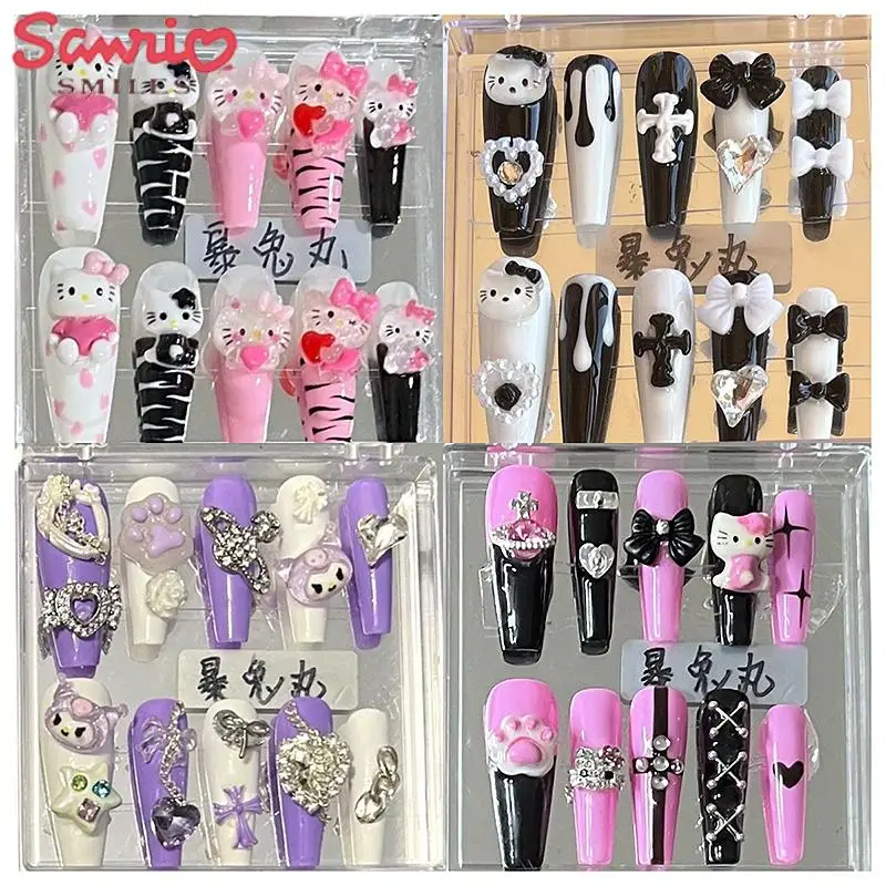 

New Style Sanrio Anime Hello Kitty Kuromi My Melody Kawaii Wearing Armor Dopamine Medium and Long Nail Patch Manicure Girls Gift