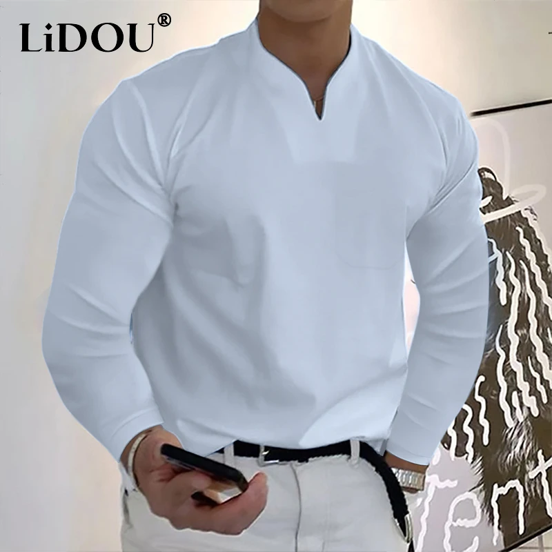 

2022 Autumn Gym Oversized Sport Long Sleeve T-shirts Men Elastic Comfortable V Neck Tops Male Clothes New Solid Loose Tee Homme