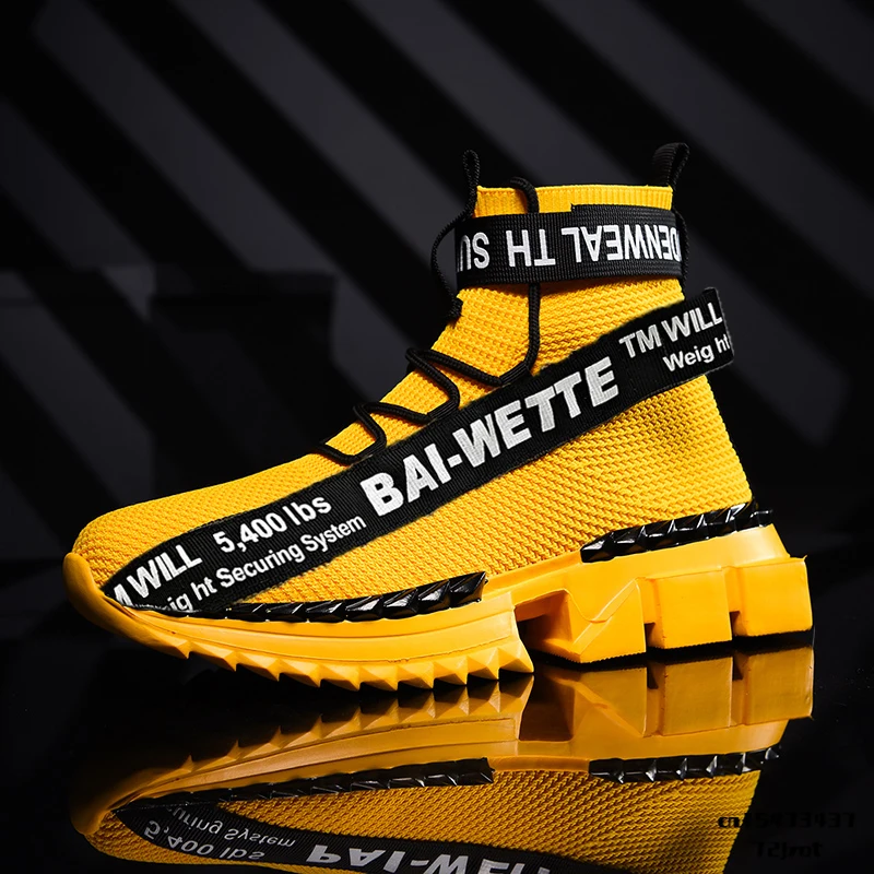 

Men's socks running casual shoes fashionable and comfortable high sneakers light large size yellow 46 outdoor sports mat