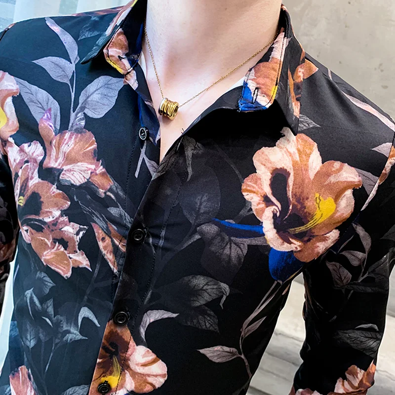 2022 Spring Vintage Men's Shirts Floral Print Slim Long Sleeve Casual Shirt Social Party Tuxedo Shirt Streetwear Male Clothing
