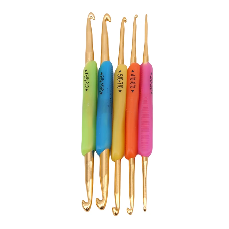 

5 PCs/Set Brand New Silicone Handle Gold Double Aluminum Crochet Hooks Knitting Needles At Random Colors Sewing Tools