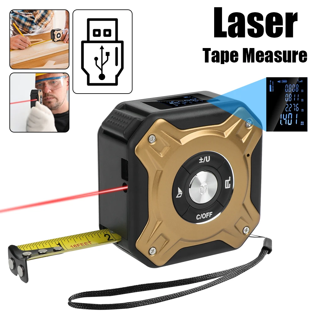 

Portable USB Charging 40M Laser Rangefinder Measuring Device Distance Meter 5M Tape Measure Backlit LCD Display 2 In 1