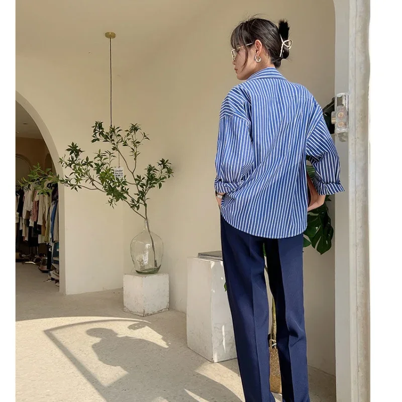 Женские шикарные синие свободные длинные рубашки весенне-осенняя женская