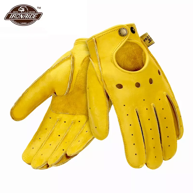 

New Genuine Sheepskin Leather Motorcycle Gloves Men Vintage Motorbike Full Finger Gloves Retro Biker Touchscreen Moto Gloves