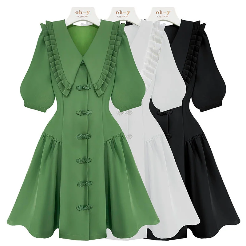 

Large Size Women's Summer Fashion Dress 2022 New Style Thin Doll Collar Dresses For Women Green Black White Midi Dress