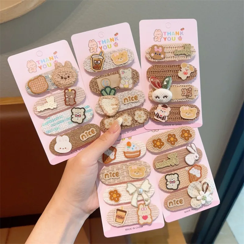 

4 Pcs New Children's Cute Cartoon Rabbit Bear Velcro Headwear Sweet Girl Princess Flower Brown Woolen Stickers Hair Accessories