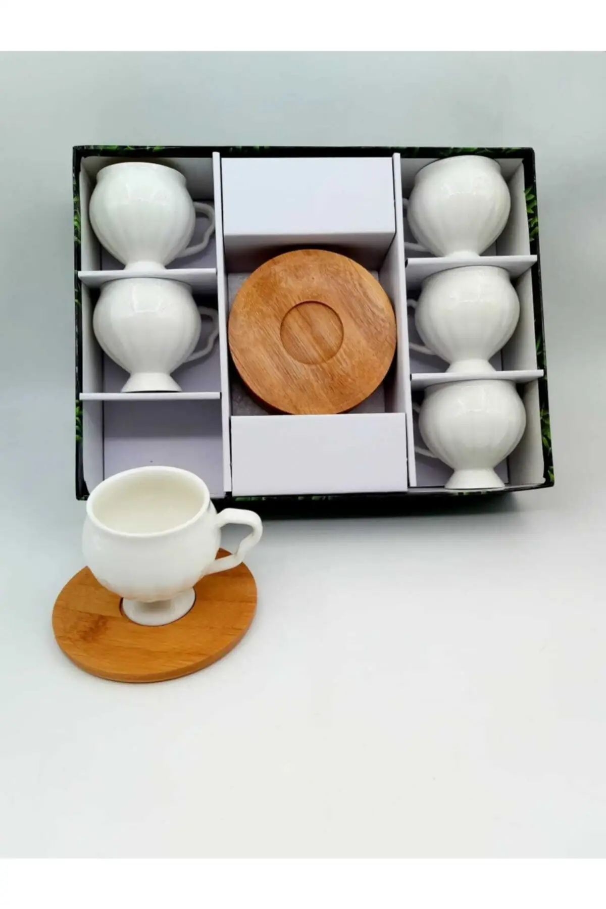 

White Porcelain Bamboo Dish Footed Coffee Cup Pad Set