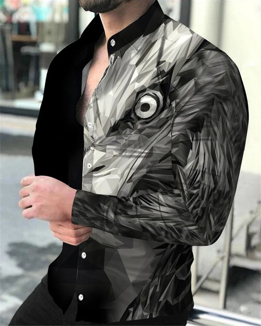

Spring and Autumn Men's Long Sleeve Shirt Animal 3D Printing Eagle Lion Shirt Extra Large Men's Casual Street Long Shirt