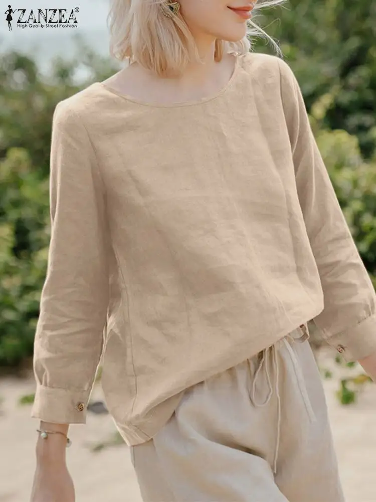 

Women Spring Autumn Blouse ZANZEA Femme Vintage Solid Color Blouses O-Neck Long Sleeve Cotton Tops Simple Casual Loose Shirts