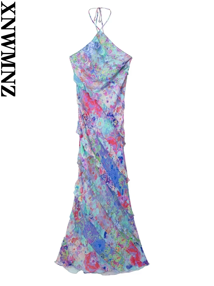 

XNWMNZ Women's Fashion 2023 Ruffle Print dress Women Vacation Style Halter Neck Open Back Flowing Female Midi Dresses