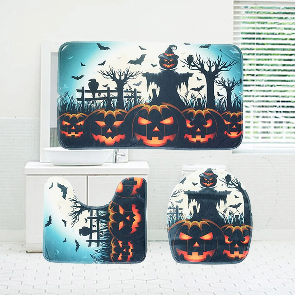 

Toilet Rugcover Set Bathroom Decor Pumpkin Flannel Basemat Rugs Contoured Shaped U Holiday Mats Bath Party