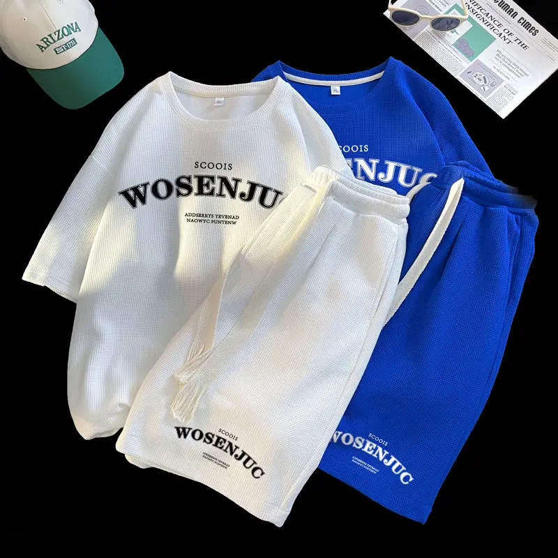 Harajuku Style Hong Kong Style Waffle Suit Men's Summer Sports Loose Short Sleeve Fashion Brand Ins Casual Shorts Men's