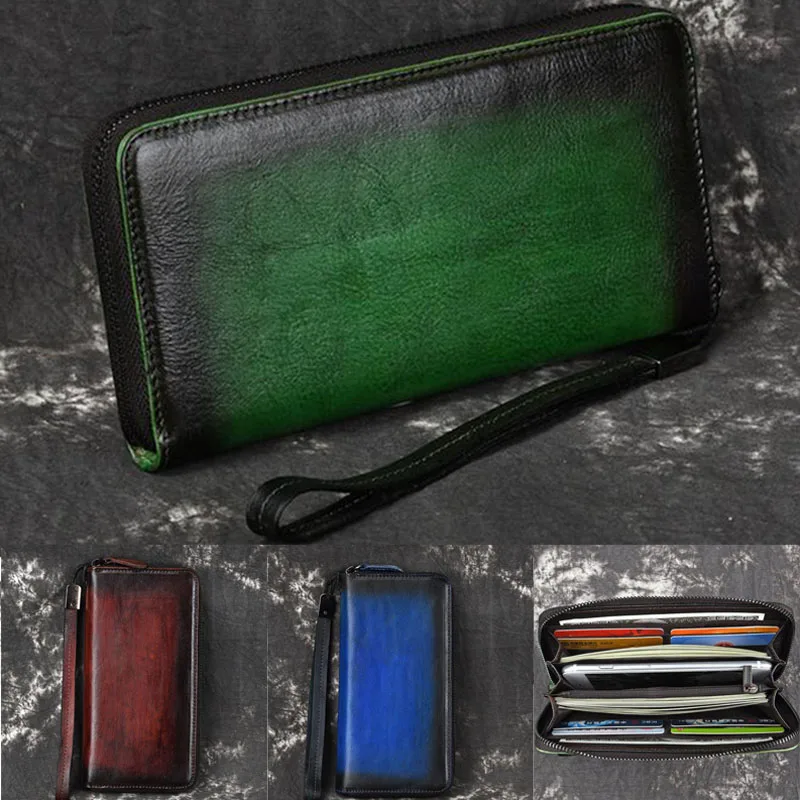 

New Unisex Rub color Clutch Handy Purse ID/Credit Cards Multi-Capacity Vintage Genuine Leather Brand Wrist Long Zipper Wallet