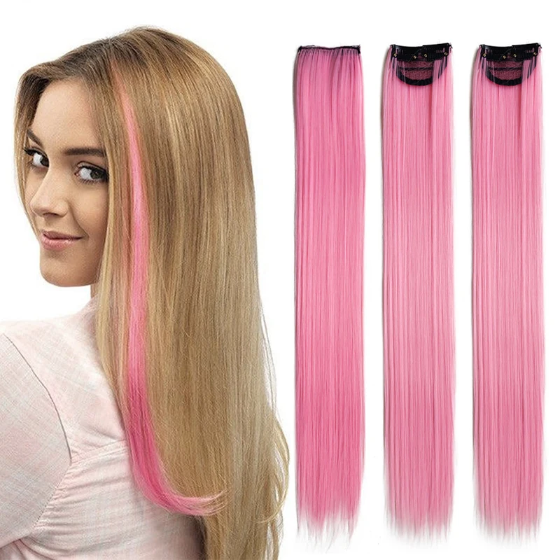 Synthetic 22inch Colored Long Straight Chip In Hair Extensions Highlight Rainbow Hair Clips Grey Blue Purple Hairpieces for Kids