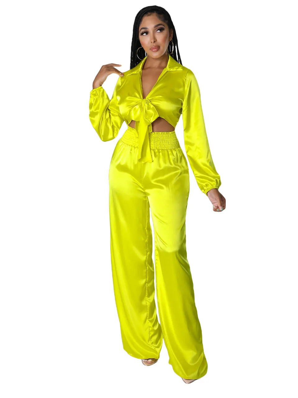 

Szkzk Sexy Satin Two Piece Set Evening Party High Waist Pants And Blouse Tops Drawstring Night Club Outfits For Women Shirt Sets