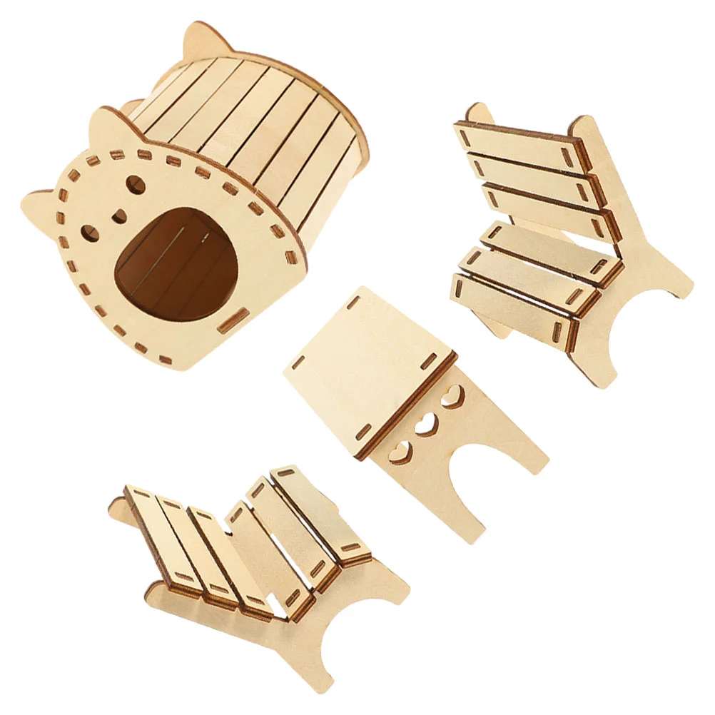 

1 Set of Self-assembly Hamster Hideout Wood Hideout Hut Wooden Dwarf Hamster Table Chair Exploring Toy