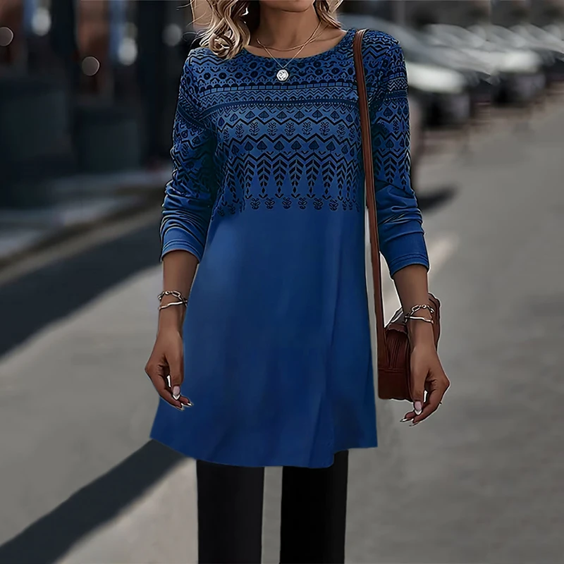 

Женское платье-трапеция с круглым вырезом, длинным рукавом и принтом