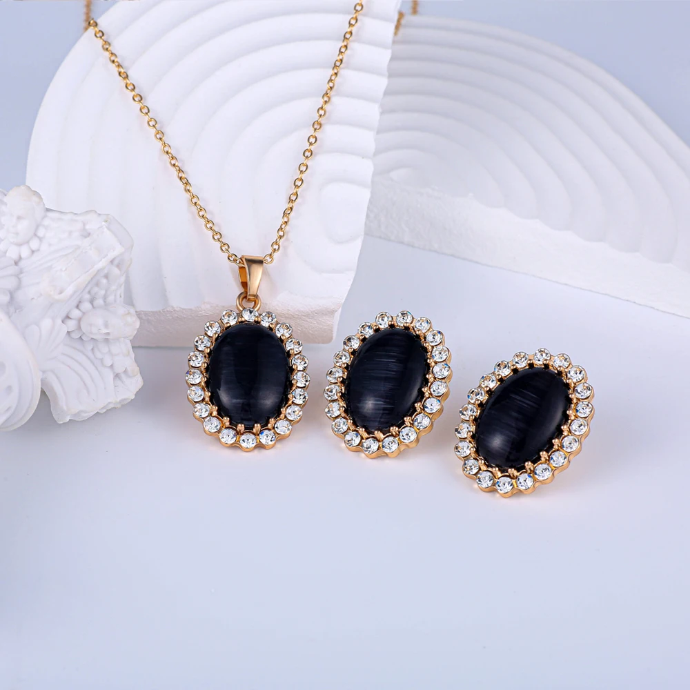 

Korean Retro Oval Geometry Opal Inlaid Rhinestone Necklace Stud Earrings Sets For Women New 2022 Party Jewelry Accessories Gift