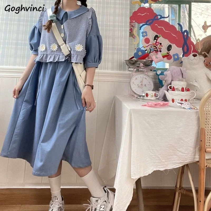 

Dress Set Women Loose Sweet Lovely Flowers Plaid Simple Students Fashion Korean Style Popular Girl Chic Ulzzang All-match Summer