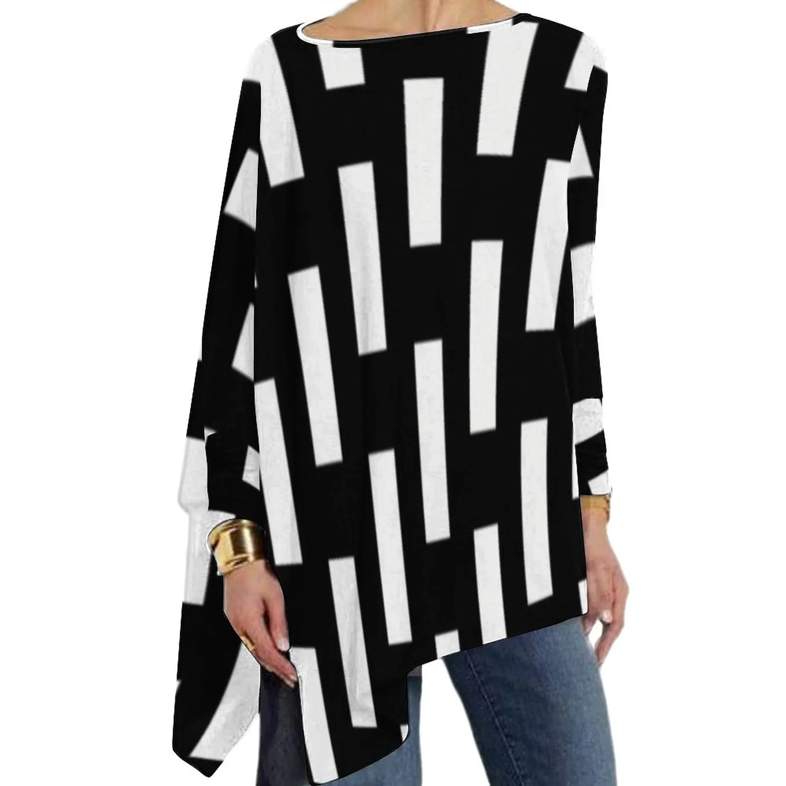 

Nordic Lines Print T-Shirts Discontinuous Line Casual Long-Sleeve T-Shirt Modern Pattern Tee Shirt Female Clothing Big Size 6XL